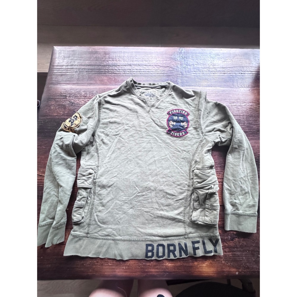 Born Fly Mens‎ Military Utility Sweatshirt Olive Green Fighting Tigers Patch L